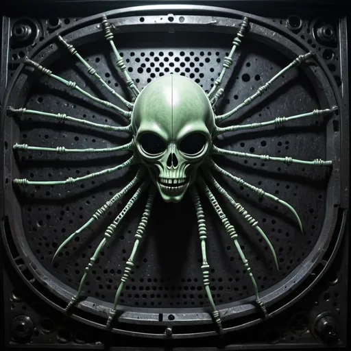 Prompt: Generate an extraterrestrial alien bstract deformed phosphorescent neuron sculpture made of various scrap iron, nails and metals on a one-dimensional perforated mesh panel in an alien ufo mothership room in HR Giger style dystopian future in a post-apocalyptic period cinematic photography photoshoot 