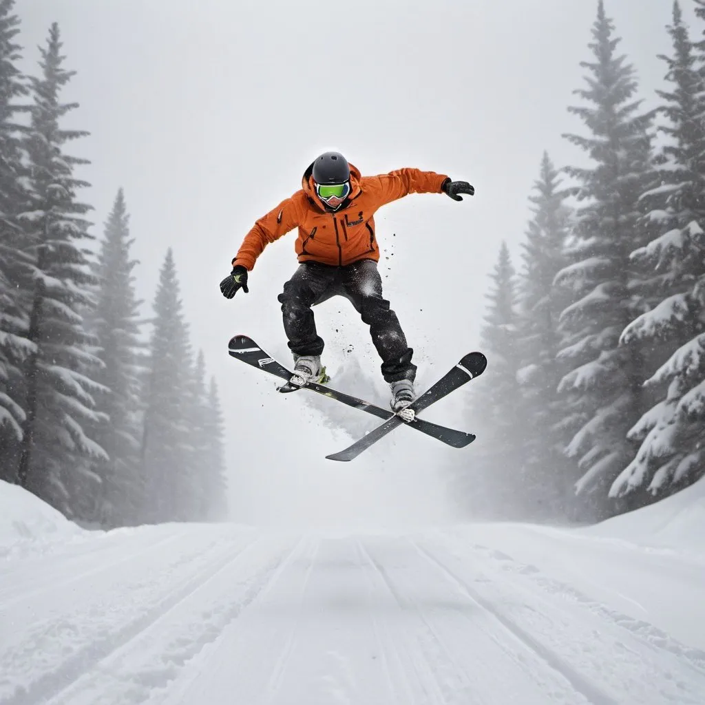 Prompt: skier, mid backflip, jumping over road, big snowstorm, crossing skis, high quality photography