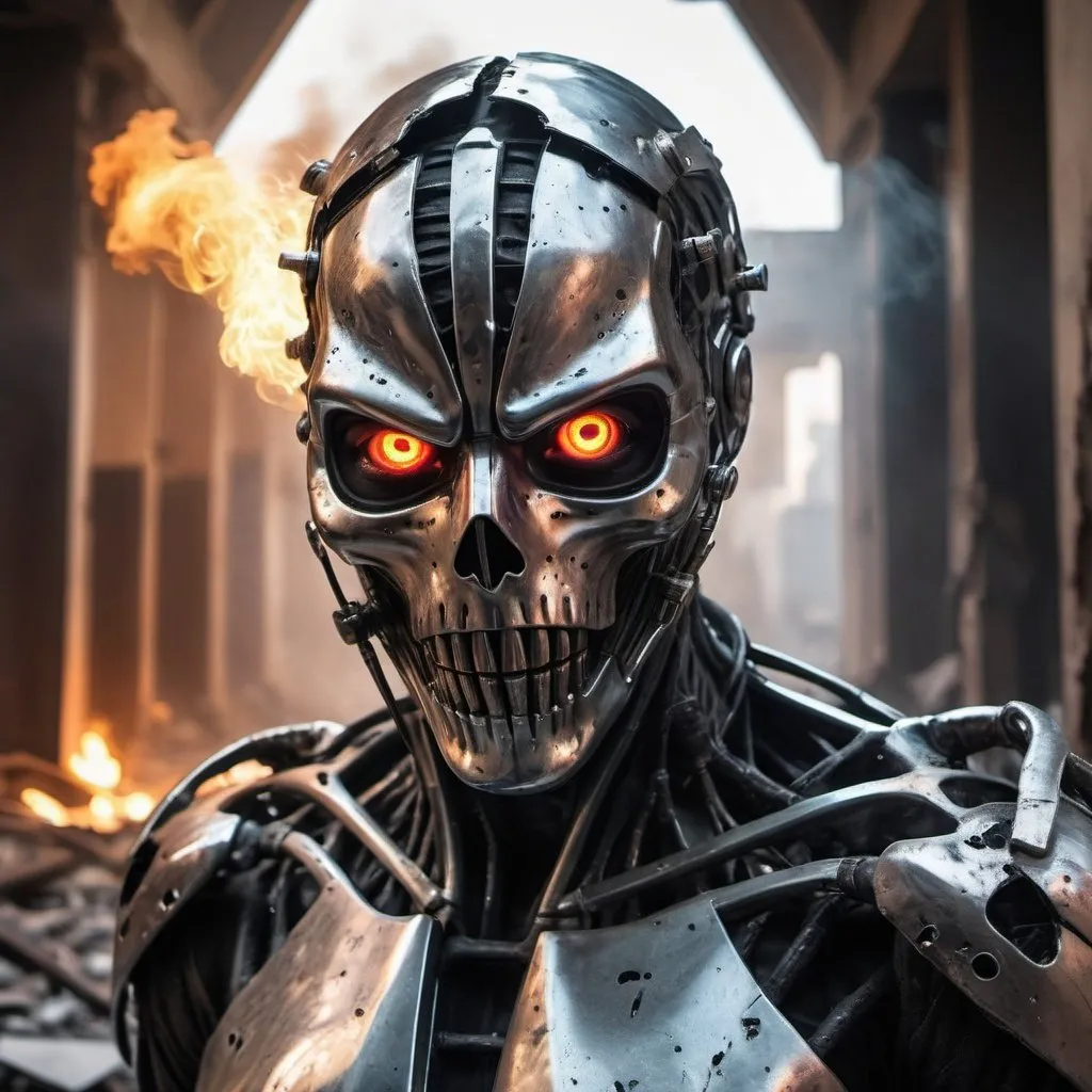 Prompt: breathtaking cinematic science fiction photo of a portrait of a non human masked Grim wrapped in universal smoke chrome metal skin, body full glowing metrics inside, glowing multicoloured eyes, multifaceted eyes, metallic arms, inside a destroyed building, extremely menacing creature, highly detailed, award-winning