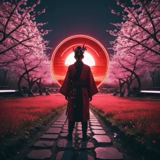 Prompt: No Text, Wide Angle Photography, (SamuraiNqrd:1) (CosmicGate:1.6), early morning Red Sun, Cherry Blossoms esthetic glitch art  shaman tribals civilization cyberpunk concept blury neon lightings