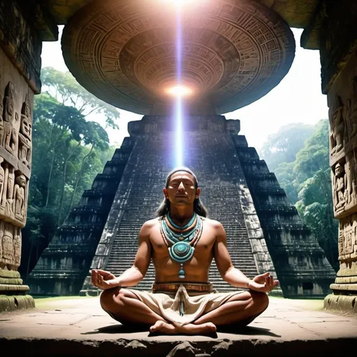 Prompt: Pleiadian ufo in meditation with the shaman of the Mayans in the pyramids of Tikal cinematic Photo realistic --ar 1:2 --s 250 --c 15 --v 6.0