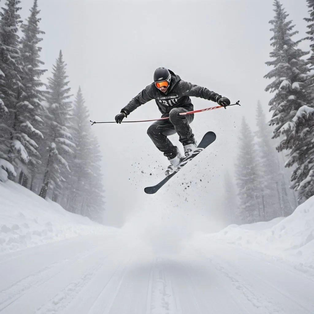 Prompt: skier, mid backflip, jumping over road, big snowstorm, crossing skis, high quality photography