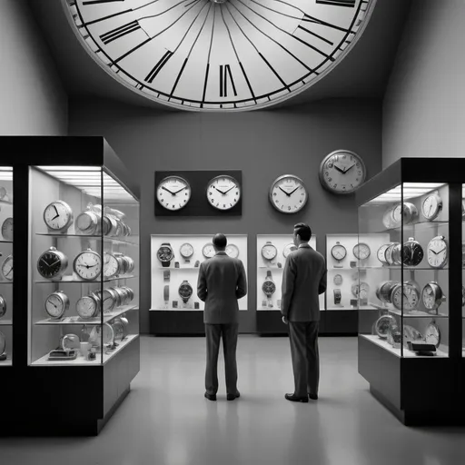 Prompt: view from orbit, shot of a mid-century modernist art gallery showcasing glimpses of miscellaneous ephemera of monochromatic blimp clocks and watches in Geneva, by elsa bleda, minimal blimp male figure in mid-century modern suit --ar 4:5 --stylize 1000 --v 5.