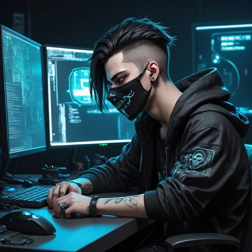 Prompt: (masutepiece, of the highest quality, Best Quality, Official art, Beautiful and aesthetic:1.2),(Cyberpunk:1.4) Hacker boy with his mouth covered with a black mask and a hacker logo on the left of the mask, ( in front he has his desk , on top of it the PC monitor on the left, ) ( his hands relaxing over the desk)