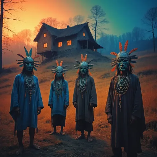 Prompt: A photoshoot of a tribal homes by sunset by the hill in the forest with tribals wearing ornaments and tribal mask and tribal clothes with cinematic uv lightings in the bagrpund blured photoshoot style of Zdzislaw Beksinski