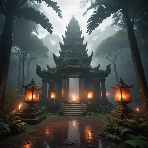 Prompt: An ancient ruins of temple in the rain forest for sacrifice and blood on the floorthe rain forest with mysty dense fog and smoke in the baground octate render unreal lightings, highly detailed , photo realistic , unreal engine 5,  depth of view, add noise, Effet de vent：1.9，Effets de nuage：1.2，Rendu complet，Encaustic painting,flammes, epic, dawn, fog, dramatic lighting, glowing floating  lightings and lanterns in the trees at a distance blurry baground 
