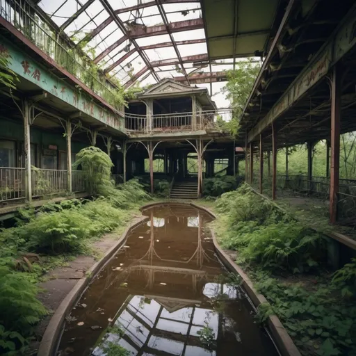 Prompt: ((top-quality、8K、​masterpiece：1.3))、An amusement park、Abandoned amusement park,abandoned amusement park、Broken、dilapidated building、Buildings overgrown with plants、creepy atmosphera，jpn、puddles