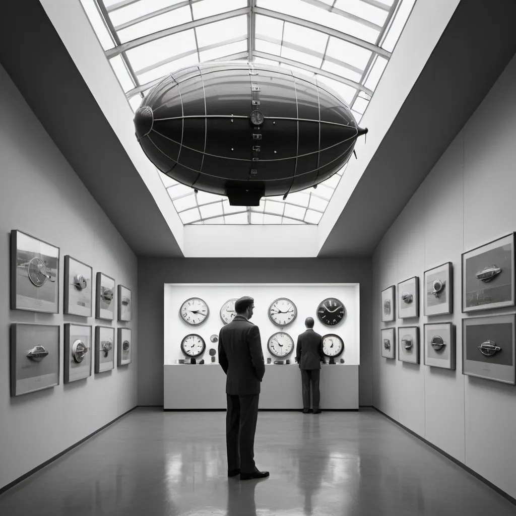 Prompt: view from orbit, shot of a mid-century modernist art gallery showcasing glimpses of miscellaneous ephemera of monochromatic blimp clocks and watches in Geneva, by elsa bleda, minimal blimp male figure in mid-century modern suit --ar 4:5 --stylize 1000 --v 5.