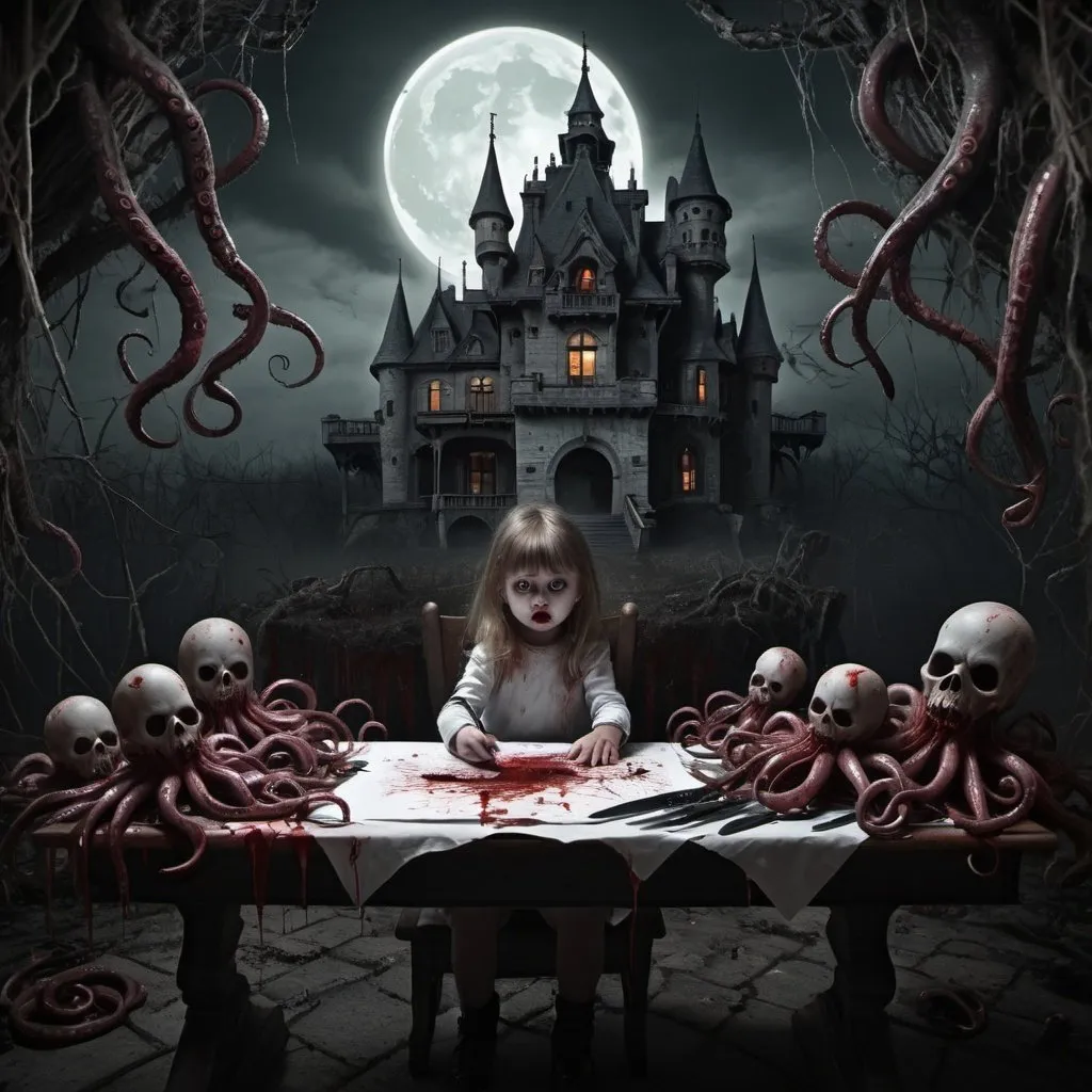 Prompt: Fine matte paintings, haunted castle with horrible dolls on drawing table full of knives, horror, eerie, scary, tentacles, vines, eyes, blood moon