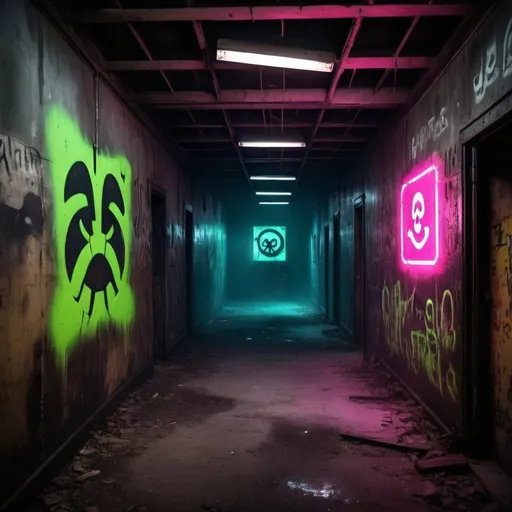 Prompt: Scary environments, ghosts, industrial site with cryptic symbols on the wall in neon colours spraypainted signs on the wall smoke mist fog in the atmosphere creepers taking over the place details --auto