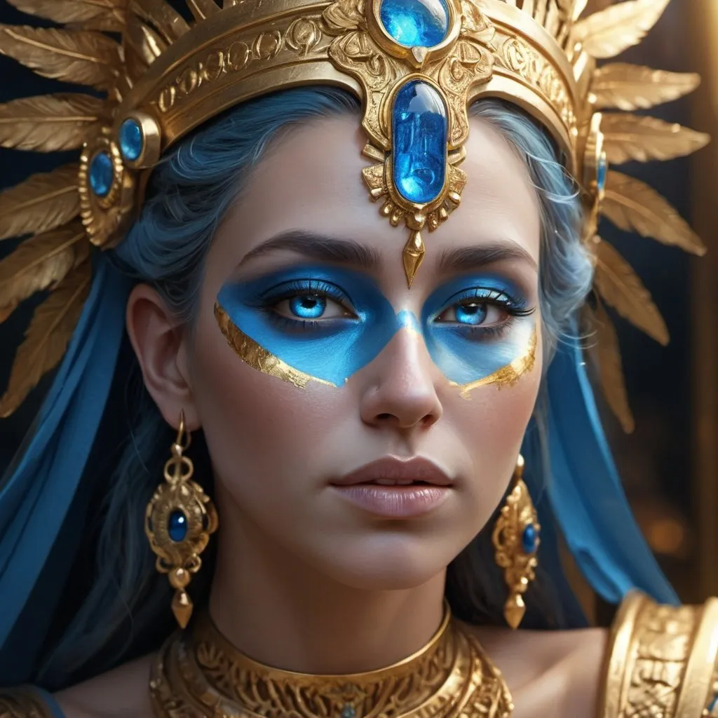 Prompt: a close up of a woman with a gold headdress and a blue face, goddess. extremely high detail, extremely detailed goddess shot, goddess close-up portrait, 4k highly detailed digital art, god. dramatic gold blue lighting, fantasy art behance, detailed fantasy digital art, portrait of a beautiful goddess, 4 k detail fantasy, a stunning portrait of a goddess