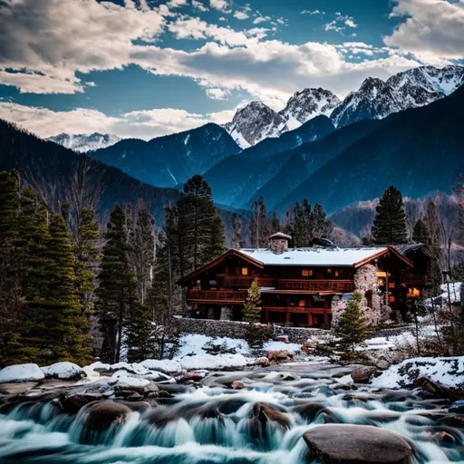 Prompt: House in the mountains, Big rivers, Rocks with snow, Sharp Focus, insane detail, 8K. 50mm Lens