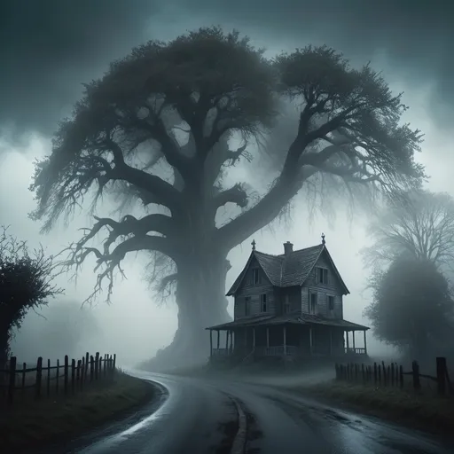 Prompt: Create a village road a single scary house with a dried huge tree with mist and fogg in the atmosphere with turning darkness in the sky and an entity standing on the road