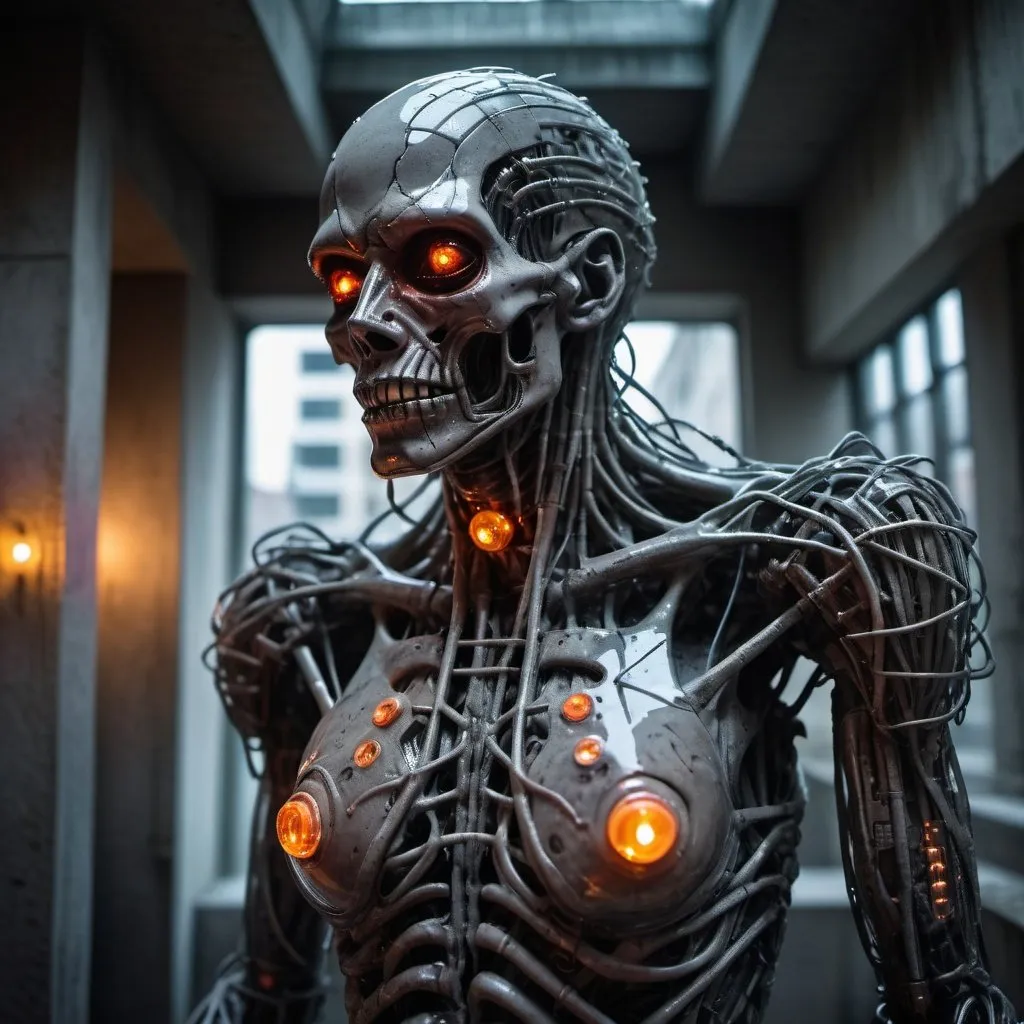 Prompt: Full Grim portrait of the DC Plastic-monster wrapped in dirty plastic with intricate angular cybernetic implants inside a brutalist building, gothic brutalist graveyard, cyberpunk, Foto premiada, Bokeh, Neon lights, cybernetic