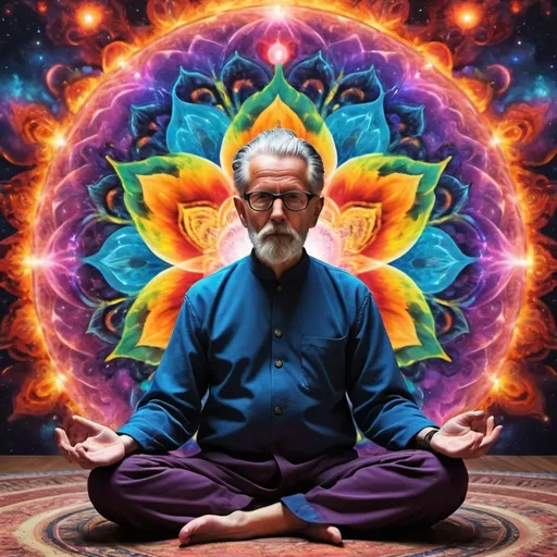 Prompt: a colorslashh An explosion of colors, hyper realistic ,liquid,, oldman sitting in a lotus position, complex stuff around, intricate in the background, Spiritual, divine, dreamlike, cosmic, mind blowing,  god, pineal gland, dream like,