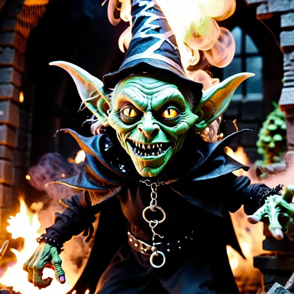 Prompt: Close-up ( scary goblin wearing a witch costume from Marvel in Goth style: 1.3) emerging from the witches castle, extremely detailed, smoke, sparks, metal shavings, flying debris, volumetric light