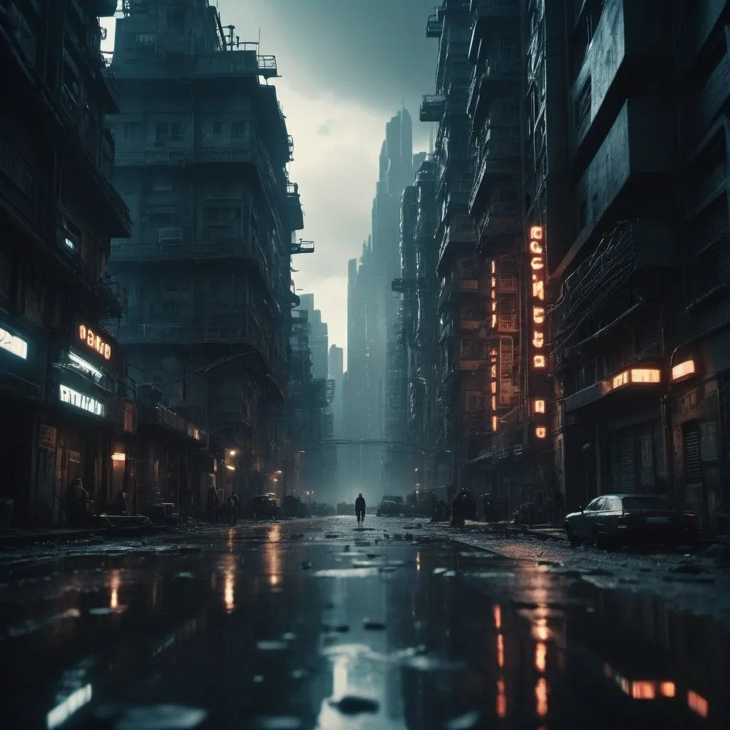 Prompt: cinematic film still, a city, a dystopian future, year 3000, sci fi, amazing details, dark atmosphere, shallow depth of field, vignette, highly detailed, high budget, bokeh, cinemascope, moody, epic, gorgeous, film