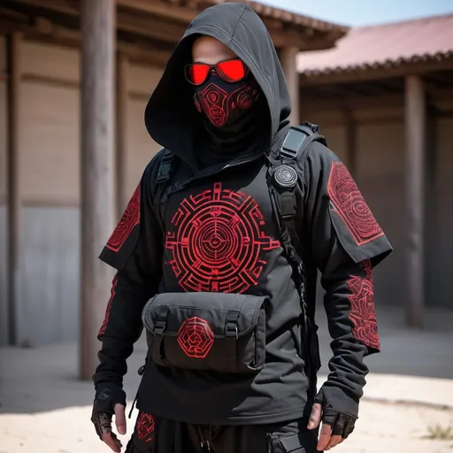 Prompt: Cyberpunk  tribal shamanic  futuristic tactical  gear nomad shamanic clothing
pant , hoodie poncho shamanic onaments face tactical mask multiple pockets and pouches intricate patterns pockets 
tech wear black fabric  with symbol and cryptic signs and hexoganal hive patern designs in neon uv red