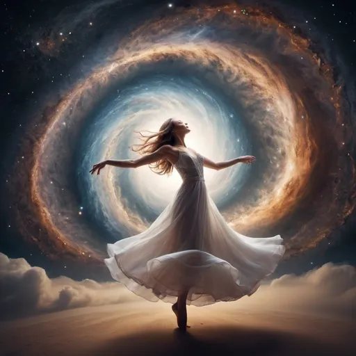 Prompt: mystery of the universe unfolding into wonder through endless time and space. A dance of eternal grace 