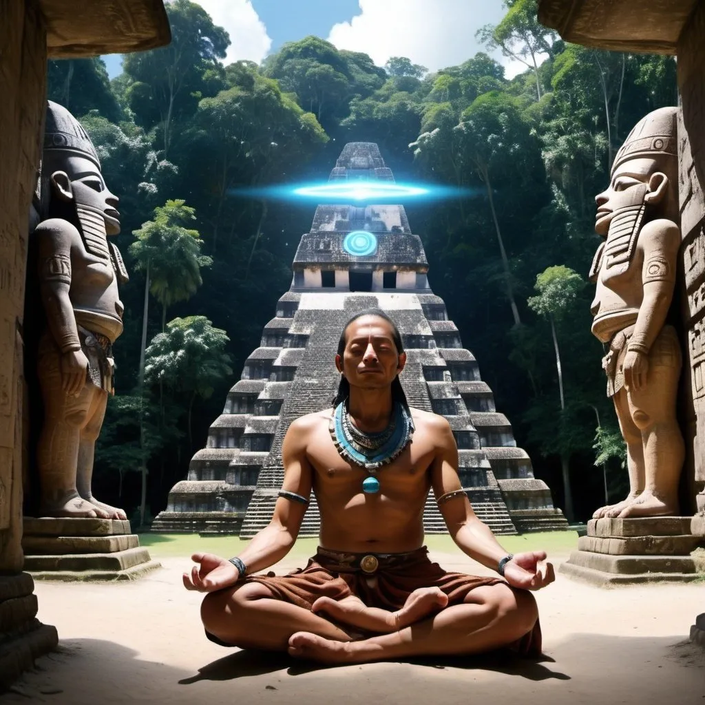 Prompt: Pleiadian ufo in meditation with the shaman of the Mayans in the pyramids of Tikal cinematic Photo realistic --ar 1:2 --s 250 --c 15 --v 6.0