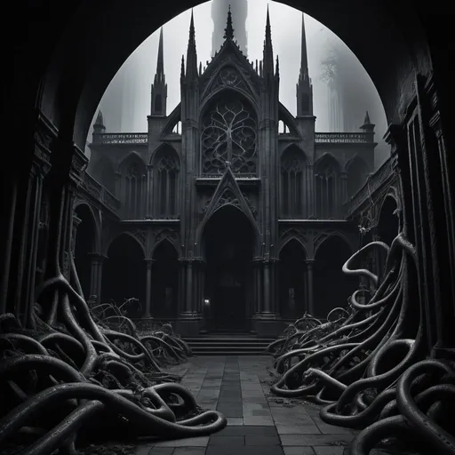 Prompt: Biomorphic Noir Gothic, A sprawling, shadow-drenched metropolis emerges, a labyrinthine blend of organic forms and noir aesthetics. Biomorphic structures, resembling twisted vines and skeletal remains, intertwine with art deco spires. The environment exudes an eerie, enigmatic aura, cloaked in perpetual night. The mood is one of dark mystery, where secrets lurk in every crevice. Atmosphere is heavy, a fog of uncertainty shrouding the scene. Lighting manifests in stark, dramatic contrasts - noirish spotlights pierce through the organic gloom, casting chiaroscuro patterns and infusing the setting with a sense of impending revelation.