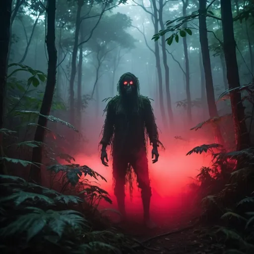 Prompt: Create a rainforest with mist and fog in the atmosphere with with neon red glowing lights behind the trees and an scary horrofing entity standing in the forest cinematic photoshoot