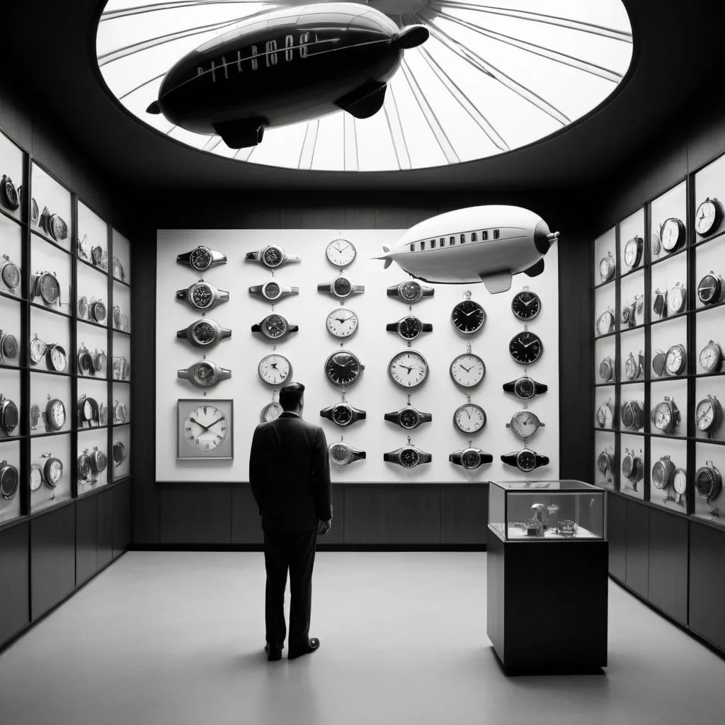 Prompt: view from orbit, shot of a mid-century modernist art gallery showcasing glimpses of miscellaneous ephemera of monochromatic blimp clocks and watches in Geneva, by elsa bleda, minimal blimp male figure in mid-century modern suit --ar 4:5 --stylize 1000 --v 5.