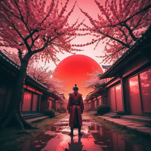 Prompt: No Text, Wide Angle Photography, (SamuraiNqrd:1) (CosmicGate:1.6), early morning Red Sun, Cherry Blossoms esthetic glitch art  shaman tribals civilization cyberpunk concept blury neon lightings