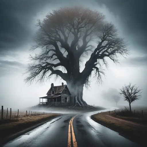 Prompt: Create a village road a single scary house with a dried huge tree with mist and fogg in the atmosphere with turning darkness in the sky and an entity standing on the road