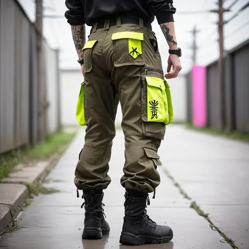 Prompt: Tech wear herb olive pants with multipal tactical pockets for storage straps and cryptic symbols in uv neon pink Japanese streat wear cargo pants