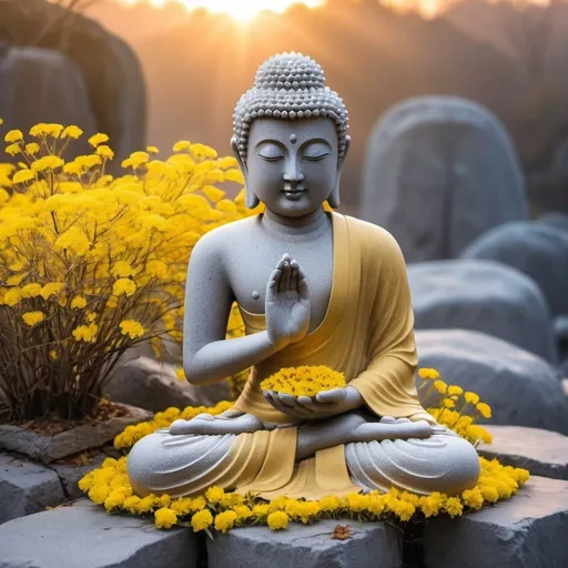 Prompt: A Buddha statue，Made of granite，The Buddha statue has been baptized by wind and frost the year before，The surface becomes covered with crackoss grows，One or two nameless yellow flowers will grow in the dilapidated cracks，It is very beautiful under the light of the sunset