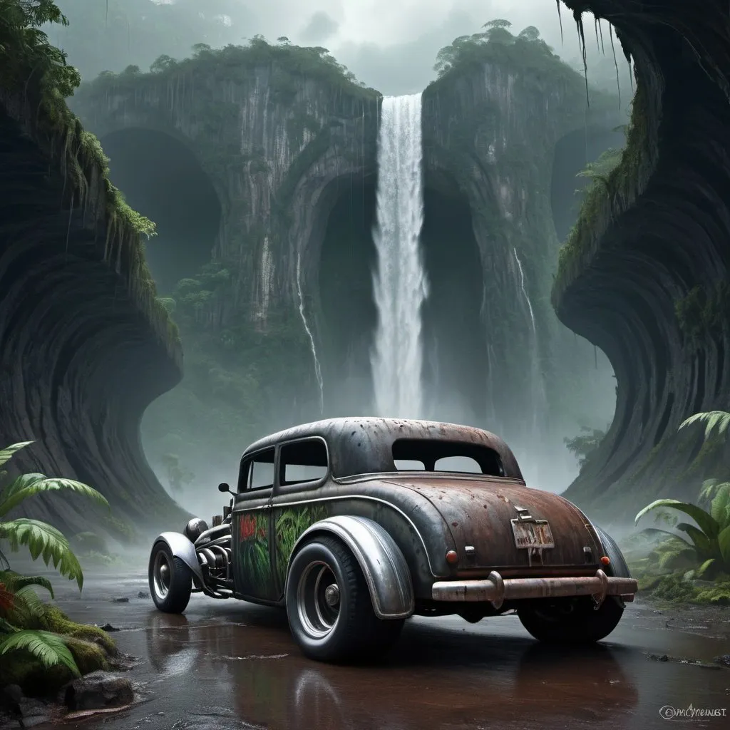 Prompt: rat_rod, at lonley highway on an alien planet, rainforrest, hyper detailed, waterfall, backside,,