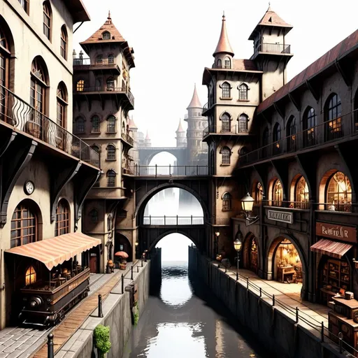 Prompt: ((masterpiece)),((best quality)),((high detial)),((realistic,))
Industrial age city, deep canyons in the middle, architectural streets, bazaars, Bridges, rainy days, steampunk, European architecture