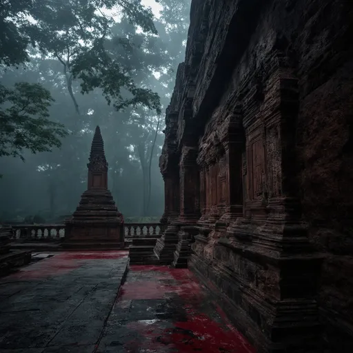 Prompt: A blood-red temple walls and floring in an ancient Indian temple carved out of a huge rock with fine details on the temple stone wall  in the rain forest mist smog and fog in the blood on the temple floor flooring atmosphere and pure black ston temple in the forest  cinematic photoshoot realistic lightings ulta hdr 32k high resolution, smooth and delicate skin, noble and elegant, ultra-realistic photography vibe, shot with Canon camera, intricate details, 32k --ar 16:9 --s 750 --v 6.1