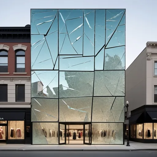 Prompt: Claudia Harper's facade resembling fractured, floating glass panels, held together by an unseen force. The design suggests a break in reality, emphasizing the store's avant-garde approach to luxury fashion.