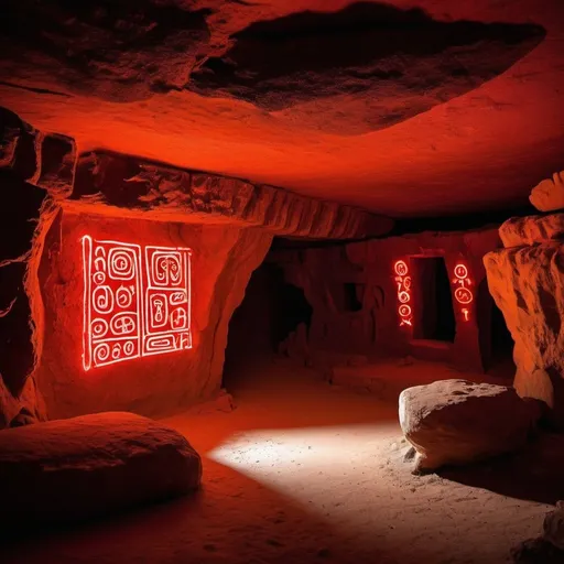 Prompt: Cryptic symbols of tribal language written on the walls of a cave glowing in neon red colour 