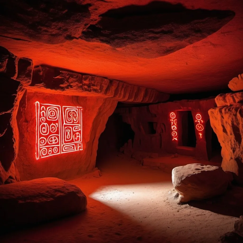 Prompt: Cryptic symbols of tribal language written on the walls of a cave glowing in neon red colour 