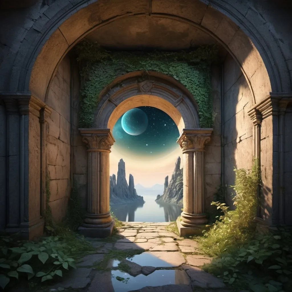 Prompt: The prompt generated with the given theme "Forgotten Gateway of Time and Space" is as follows:

```
forgotten gateway of time and space,aged weathered stone archway,pastel sunset fading into twilight,mysterious worn-out inscriptions,buried secrets and ancient wisdom,enchanted atmosphere,faintly glowing,ancient moss-covered stone floors,whispers of forgotten legends,distant shimmering stars,portal to another dimension,glimpses of distant galaxies,faded memories of forgotten travelers,mystical energy radiating from the gate,crumbling celestial gate,overgrown with ivy and vines,dark ruins of an alien civilization,unraveling cosmic mysteries,sublime connection between past and future,magical convergence of time and space,hidden door to parallel universes,dissolving boundaries between dimensions,mysterious flickering lights,celestial harmony,healing aura of the gateway,cosmic symphony of colors,transcendent experience,transformation beyond imagination,unveiling hidden truths,whispering echoes of the universe,breathtaking celestial landscape,vortex of swirling stars and galaxies,ever-changing cosmic patterns,mirage of timelessness,cosmic ballet of planets and constellations,surreal serenity of the gateway,hallway to the infinite.
```

Remember, the prompt is a combination of tags describing the main subject of the image, materials used, additional details, image quality, art style, color tones, and lighting.