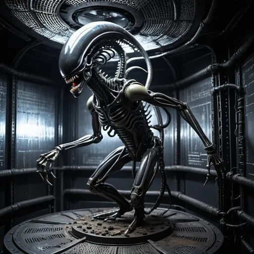 Prompt: Generate an Xenomorph extraterrestrial alien bstract deformed phosphorescent neuron sculpture made of various scrap iron, nails and metals on a one-dimensional perforated mesh panel in an alien ufo mothership room in HR Giger style dystopian future in a post-apocalyptic period cinematic photography Photoshoot the photograph has a light bright happy feel. Use a high-resolution 16k camera with a 2:3 aspect ratio, a raw style, and a quality setting of 2 to capture this vibrant scene. –ar 2:3 –v 5.2 –style raw –q 2 –s 600 –chaos 0 --ar 16:9 --v 6.1   