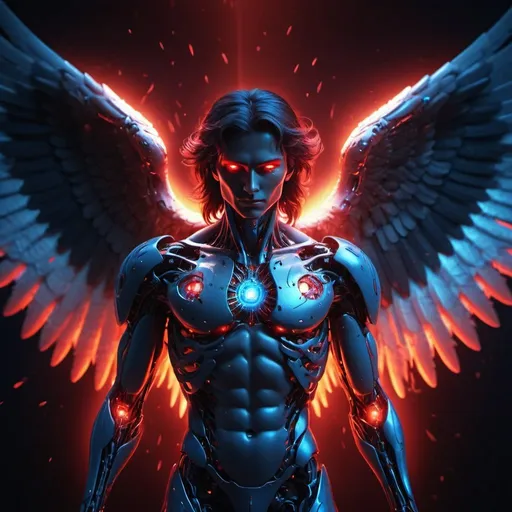 Prompt: Cosmic Fallen Angel, glowing light eyes, Biomechanical, Very bright colors, Light particles, with light glowing, Mshiff, wallpaper art, UHD wallpaper,Strong red and blue light and shadow cinematic 