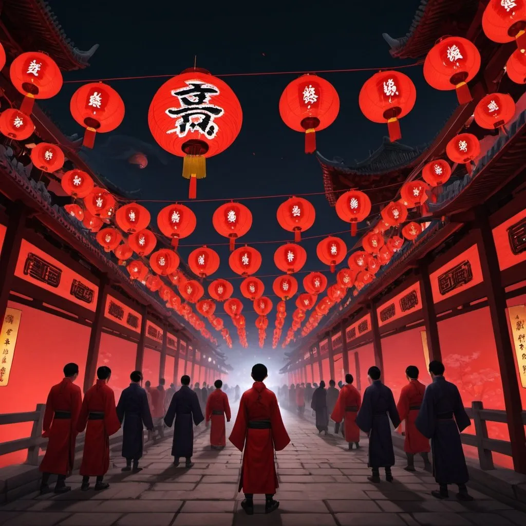 Prompt: Middle Metaverse，Chinese Ghost Festival，Hyakki Night Line，Red lanterns，The light is dim，