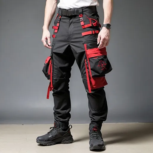 Prompt: Tech wear pants with multipal tactical pockets for storage straps and cryptic symbols in red Japanese streat wear cargo pants