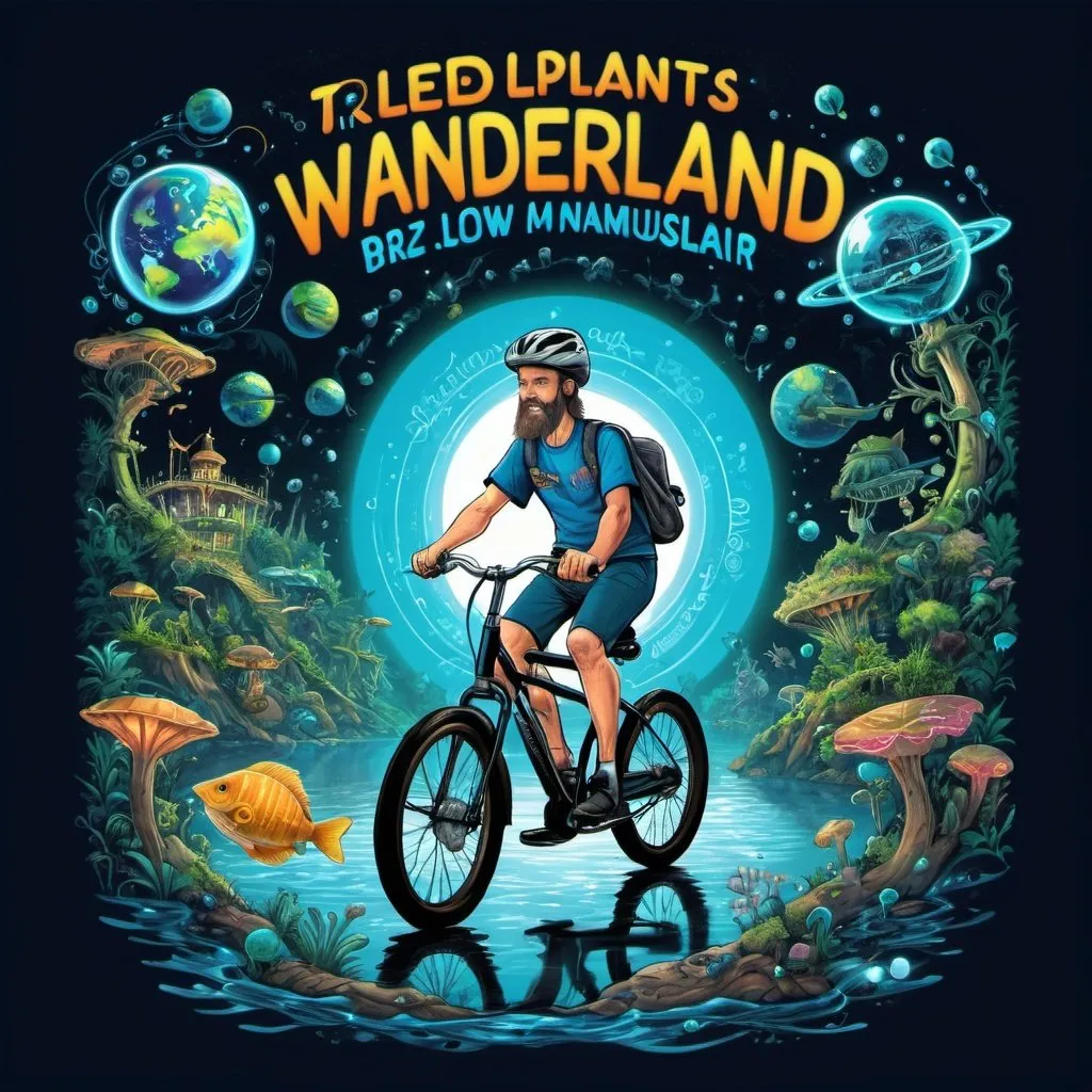 Prompt: Illustration for t-shirt design in theme of luminous wonderland for LED lighting Dr Albert Hoffman riding his bycycle with his trails museum names Glow Planet. The are zone about avatar jumgle, underwater world, reflection light tube