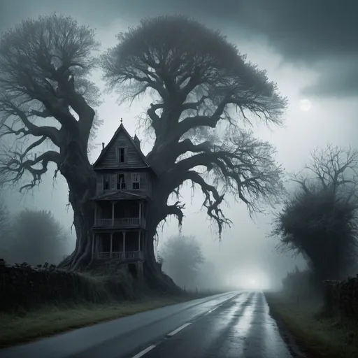 Prompt: Create a village road a single scary house with a dried huge tree with mist and fogg in the atmosphere with turning darkness in the sky and an entity standing on the road