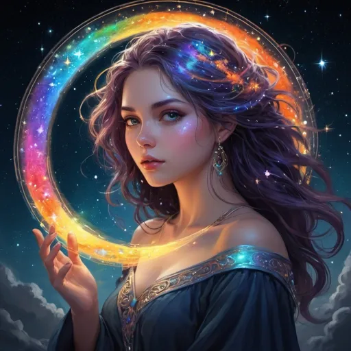 Prompt: obra maestra, altamente detallado y hermoso,((circulo magico:1.5, un mago creando un circulo de poder de colores hermosos en el cielo estrellado nocturno, lleno de estrellas y galaxias)), very hermoso arte digital, arte digital. muy detallado, muy detallado magic fantasy, colorful digital fantasy art, muy detallado digital art, beautiful gorgeous digital art, muy detallado digital painting, 32k