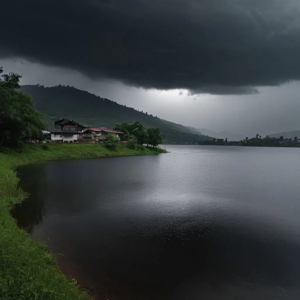 Prompt: "Dark and melancholic atmosphere by the lakeside with small hills, amidst pouring rain, under dark clouds."