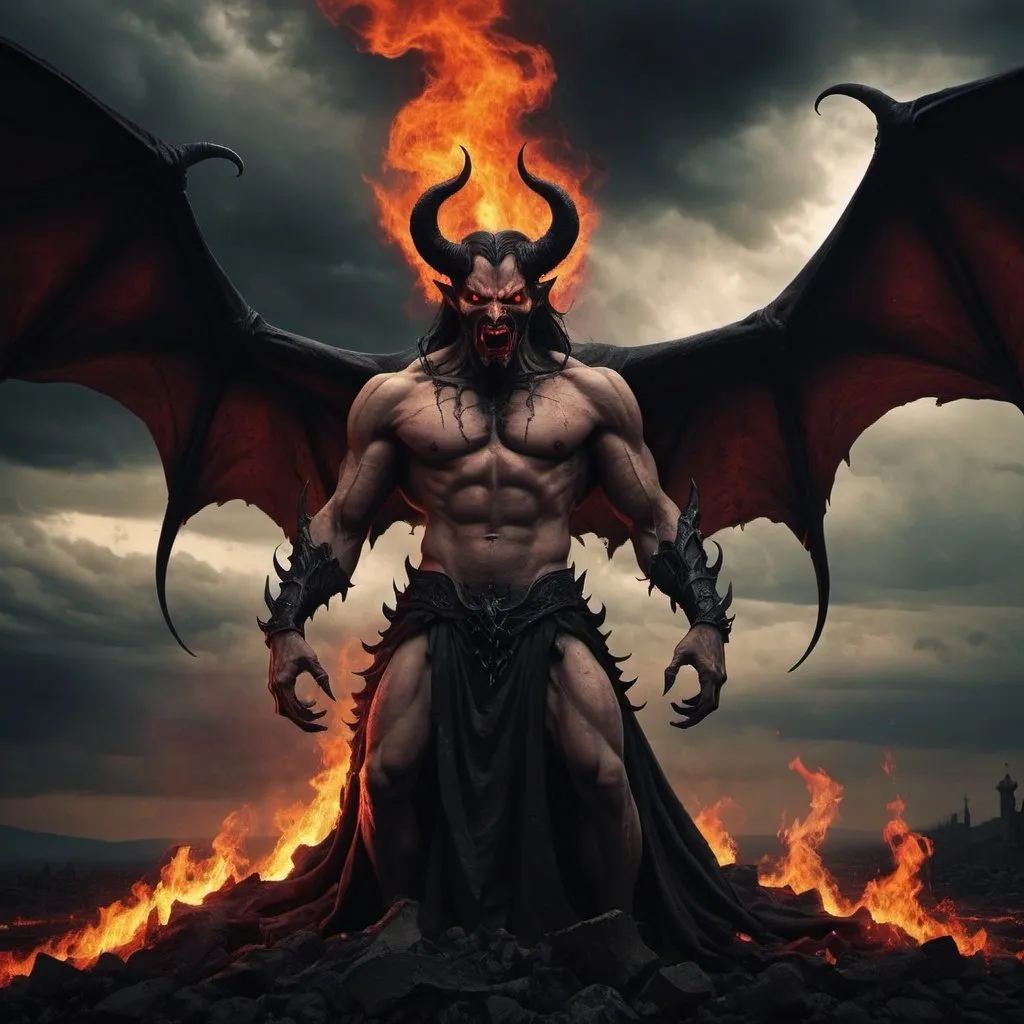 Prompt: (Best quality,A high resolution:1.2),(Dark,menacing:1.1),(sinister:1.1),(Devil,satan,Lucifer:1.1),(The demons:1.1),(Ominous,Foreboding:1.1),(Powerful figure:1.1),(Red glowing eyes,Sharp teeth:1.1),(Black wings,Thick,Tattered:1.1),(Hell landscape:1.1),(Fire,brimstone:1.1),(Threatening atmosphere:1.1),(Dark shadows,Menacing presence:1.1),(Ominous clouds,Stormy sky:1.1),(Gloomy,Unforgettable mood:1.1),(Ominous aura,evil energy:1.1),(Dark aura,Smoke:1.1),(intense heat,fiery flames:1.1),(Surreal,Nightmarish vision:1.1),(Prophecy of the book of Revelation:1.1),(Twisted horns,Blazing Crown:1.1),(Ominous whisper,Evil laughter:1.1),(Screams of torment,Echoing cries:1.1),(Ominous symbols,Ancient runes:1.1),(Mystical Artifacts,Shadow artifacts:1.1),(Hell Rituals,Ritual sacrifices:1.1),(Demon Servant，,Dark creatures:1.1),(Desolate,barren wasteland:1.1),(Academy of Souls,Tormented souls:1.1),(Eternal curse,Desperate life:1.1),(The destruction of the end of the world,The world is in chaos:1.1),(Malicious intent,The embodiment of darkness:1.1),(A gateway to the underworld,Nightmare realm:1.1),(funk,terroral:sankta].