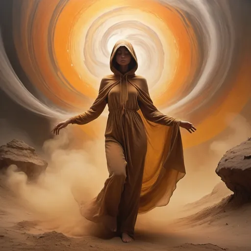 Prompt: A bright and fun , and mystical scene depicts a a woman figure emerging from a swirling vortex of dust, with tendrils of grayish-brown mist curling around their arms and legs, as if being reborn from the earth itself. The atmosphere is fun with an otherworldly energy, and the lighting is soft, warm hues of oranges and yellows, reminiscent of a desert sunset. The figure's face is obscured, with a hood or cloak covering their features, but their skin has a warm, golden undertone, with a subtle sheen to it. In the background, dark, rocky formations