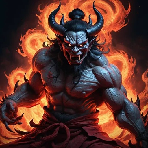 Prompt: Hell Demon, Black-scaled youkai, Chinese legend hell scene, Extreme horror, Zhang Yimou's film style, The picture is bright, Extremely detailed line drawings CG artwork, See the devil clearly, Demonic face, Detailed face, There is an open and clenched fist state, Light and shadow effect, Beautiful and dynamic pose, Detailed rendering, Colorful scenes, Full of depth, Vibrant lighting effects, Sketch a magnificent and mysterious atmosphere