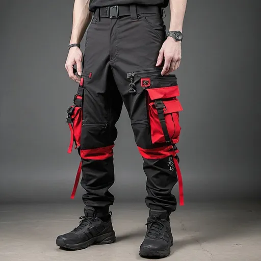 Prompt: Tech wear pants with multipal tactical pockets for storage straps and cryptic symbols in red Japanese streat wear cargo pants